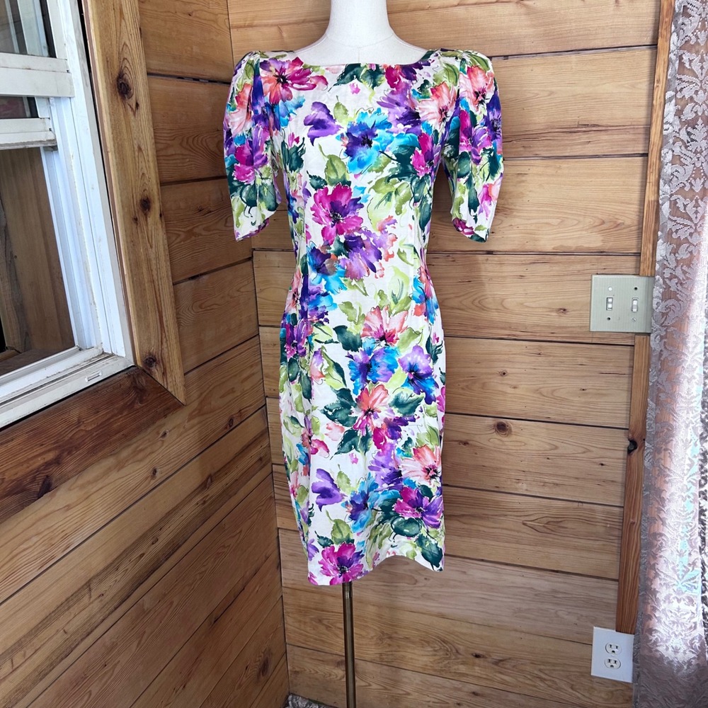 Vintage Floral Puff Sleeve Wiggle Dress Womens Size 6 Multicolor Rouie